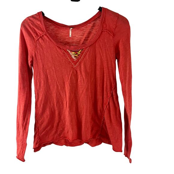 Free People Long Sleeve Beaded Detail Shirt Top Size XS Orange Pink - Picture 1 of 6